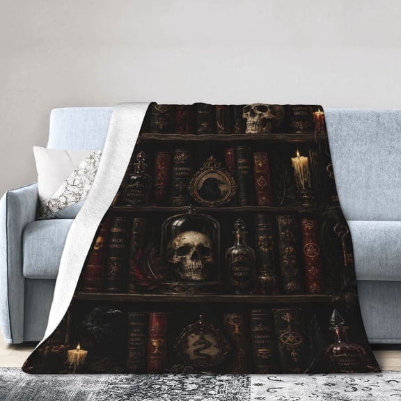 Gothic Halloween Raven Skull Blanket Gift Throw Blanket Gift for Women Dark Magic Bookshelf Decor 50x40