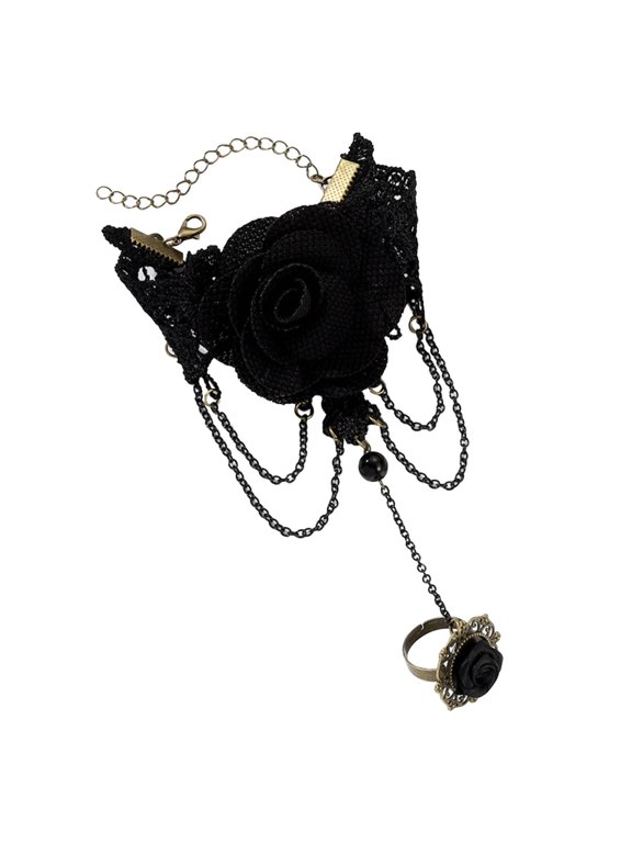 Gothic Halloween Rose Lace Fingerless Glove Chain Adjustable Ring with Red Black Rose, Victorian Style Statement Jewelry for Women