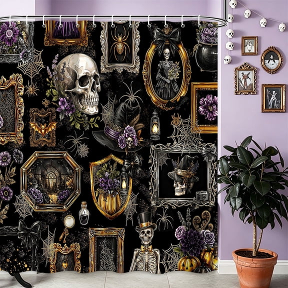 Gothic Halloween Shower Curtain, Spooky Skull Witch Spider Bathroom Decor, Black Gold Vintage Skeleton Bath Curtain, Waterproof Washable Fabric with Hooks,72X72in