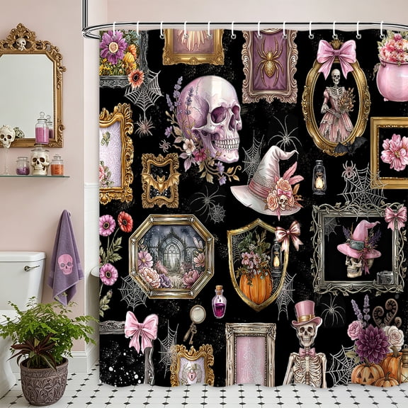 Gothic Halloween Shower Curtain, Spooky Skull Witch Spider Bathroom Decor, Pink Black Vintage Skeleton Bath Curtain, Waterproof Washable Fabric with Hooks,60X70in