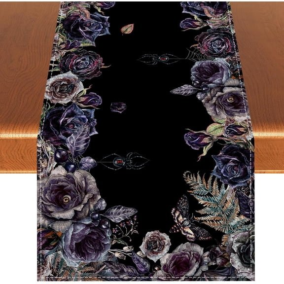 Gothic Halloween Table Runner Gothic Skull Roses Tablecloth Day of The Dead Halloween Party Decoration and Supplies for Home Kitchen Table-13×108''''