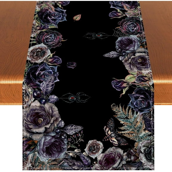 Gothic Halloween Table Runner Gothic Skull Roses Tablecloth Day of The Dead Halloween Party Decoration and Supplies for Home Kitchen Table-13×120''''