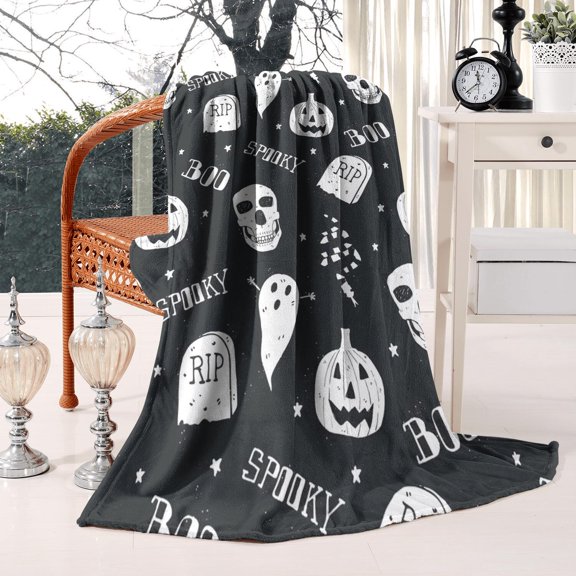 Gothic Halloween Throw Blanket 50x60 - Skull Witch Bat Spider Web Pattern Cozy Plush Lightweight Decor Blanket
