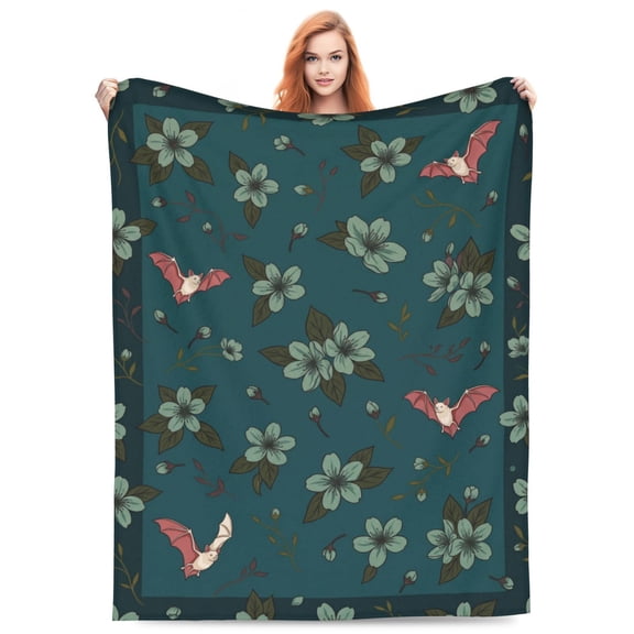Gothic Halloween Throw Blanket, Floral Bat Pattern Blanket, Ultra Soft Cozy Lightweight Blanket for Couch, Sofa, Bed, Bedroom Decor, Spooky Gift 50x40