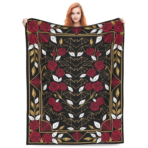 Gothic Halloween Throw Blanket, Floral Bat Pattern Blanket, Ultra Soft Cozy Lightweight Blanket for Couch, Sofa, Bed, Bedroom Decor, Spooky Gift 50x40