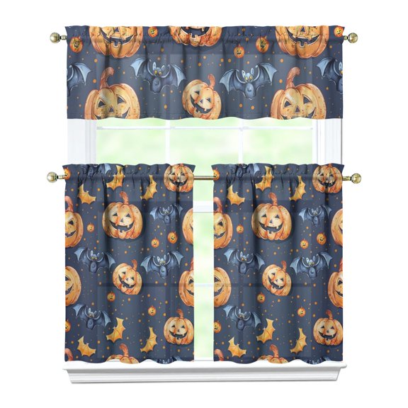 Gothic Halloween Window Panels - Bat Witch Themed Tier Curtains Set for Kitchen