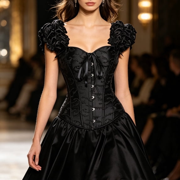 Gothic Halloween Women's Ruffle Sleeve Corset Tops Vintage Floral Satin Bustier Tops for Bridal Party Black M