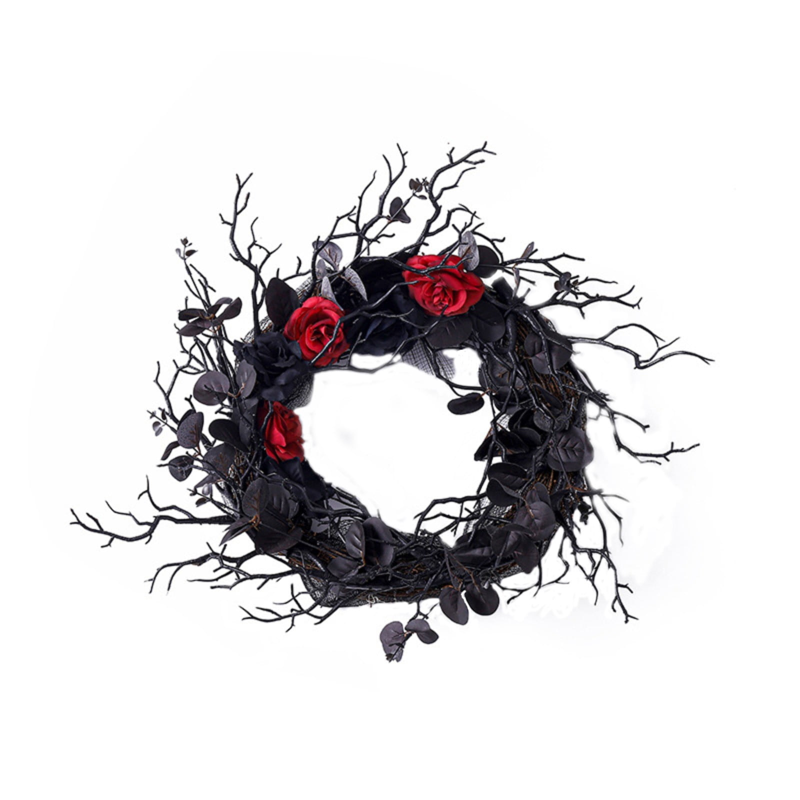 Gothic Halloween Wreath, 18 Inch Black Rose Wreath with Red Flowers for ...