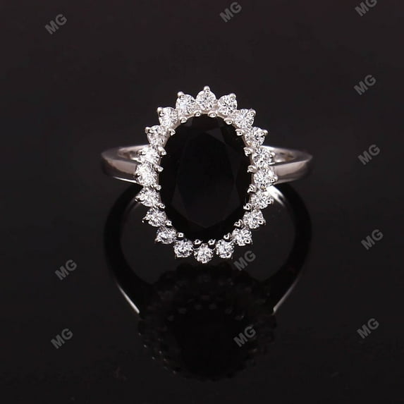Gothic Halo Engagement Ring with 9x13mm Oval Cut Faceted Black Onyx – Princess Diana Style Promise Gift White Gold 7.5