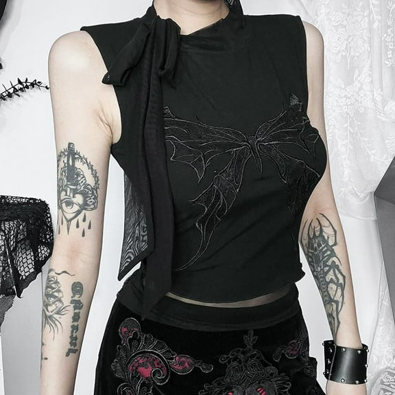 Gothic Harajuku Butterfly Embroidered Strap Top Women Vintage E Girl Summer Lace Sexy Tanks Crop Tops Y2K Streetwear