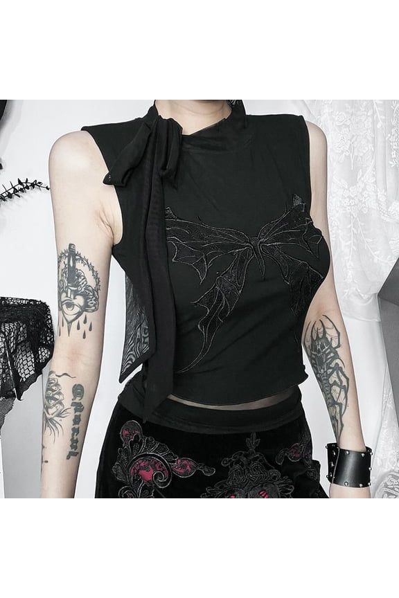 Gothic Harajuku Butterfly Embroidered Strap Top Women Vintage E Girl Summer Lace Sexy Tanks Crop Tops Y2K Streetwear