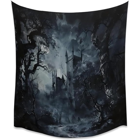 Gothic Haunted Castle Art Tapestry Moody Dark Academia Forest Print Tapestries Vintage moon Celestial Wall Hanging for Home Living Room Gallery Wall Decor white30x40inch