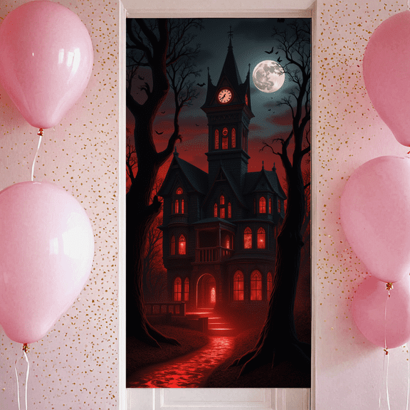 Gothic Haunted Castle Banner Full Moon Spooky House Halloween Decor for Haunted House Party Halloween Event Spooky Celebration
