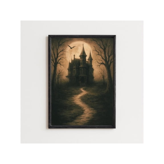 Gothic Haunted House Art Poster: Moody Vintage Landscape, Stretched Canvas Size 12x18