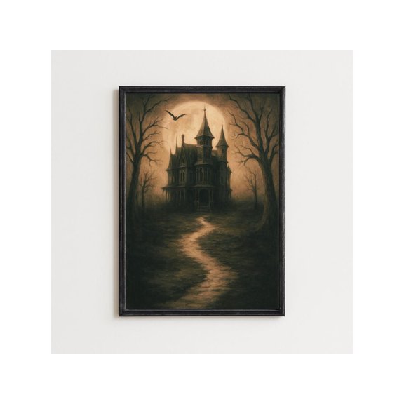Gothic Haunted House Art Poster: Moody Vintage Landscape, Unframed Poster Size 8x12