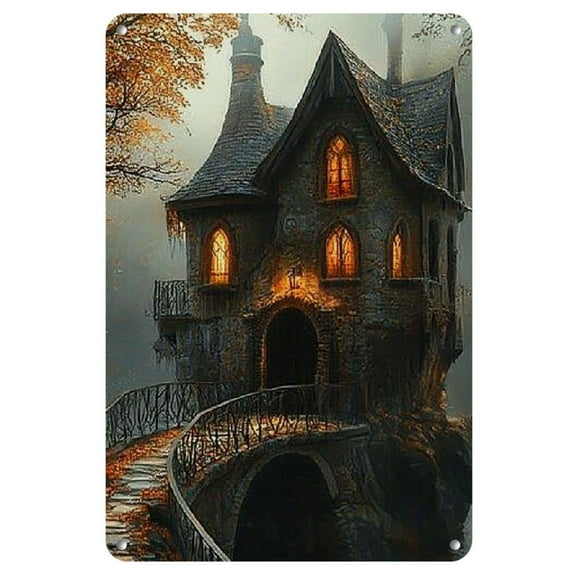 Gothic Haunted Victorian House Oil Painting - Waterproof Iron Wall Art for Living Room, Bedroom, Home Office Decor - Framed/Unframed Picture for Halloween &amp; Anniversary Celebrations