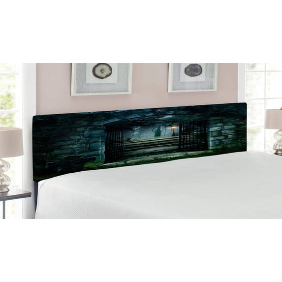 Gothic Headboard, Image of the Gate of a Dark Old Haunted House Cemetery Dead Myst Fiction Art Print, Upholstered Decorative Metal Bed Headboard with Memory Foam, King Size, Grey Green, by Ambesonne