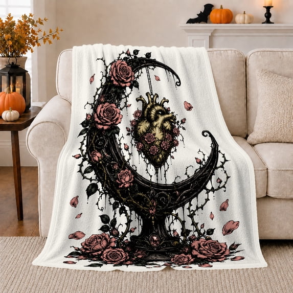 Gothic Heart Crescent Scene in Romantic Floral Style for Gothic Romance Fans, Rose Chain Heart Scene, Cozy Flannel Blanket for Bedroom and Living Room, Valentine's Day Gift, Gothic Home Decor