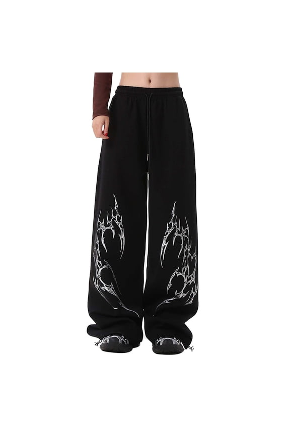Gothic Hip-Hop Wide-Leg Casual Pants with Drawstring Harajuku Punk Streetwear for Women
