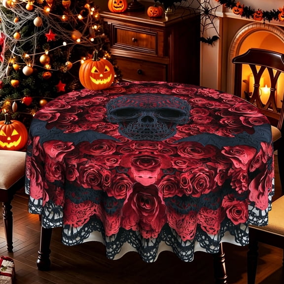 Gothic Hollow Skull Red Rose Bat Pattern 2D Print Round Tablecloth, Spooky Halloween Decor for Kitchen Patio Indoor Parties