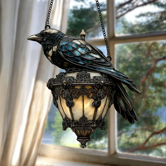 Gothic Home Decor Crow Light, Raven Gothic on Lantern 2D Acrylic Suncatcher, Ornament â Stained Glass Halloween Crow on Lamp, Halloween Decor for Dark Academia Home