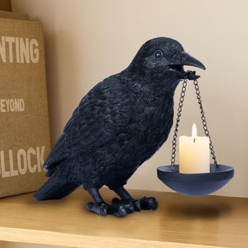 Gothic Home Decor Raven Lamp Tealight Candle Holder Halloween Decorations Indoor Fake Crow Light Holder Resin Black Bird Statue for Living Room Fireplace Entrance Holiday Spooky Ornaments$$
