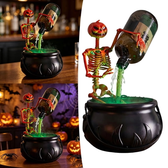 Gothic Home Decor Skeleton Witch Cauldron, LED Glowing Potion Desktop Figurine 13.77",2PC