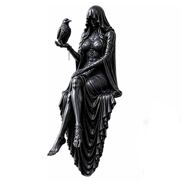 Gothic Hooded Lady Shelf Sitter - Matte Black Raven Perched Statue with Flowing Robe Detail, Dark Fantasy Ornament for Library Shelf, Home Office Desk, Spooky Entryway Decor, Halloween Gift.