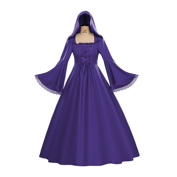 Gothic Hooded Maxi Dress with Renaissance Belt Medieval Witch Skirt Victorian Dress for Women