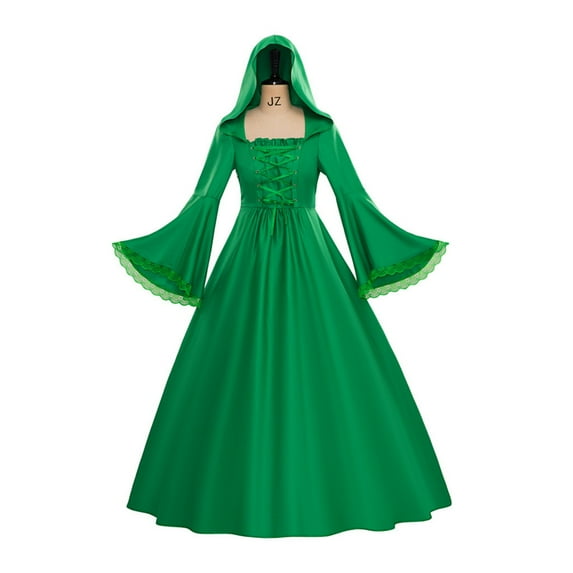 Gothic Hooded Maxi Dress with Renaissance Belt Medieval Witch Skirt Victorian Dress for Women