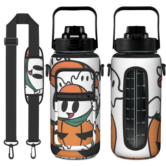 Gothic Horror 64oz Water Bottle with Storage Sleeve - Skull Theme Leakproof Large Capacity Fitness Bottle with Adjustable Strap