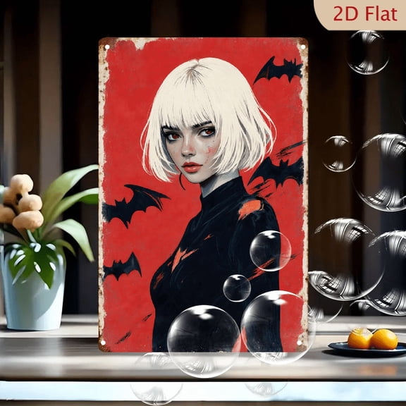Gothic Horror Art Print, 8x12 Inches Metal Wall Art Featuring Young Woman with Platinum Blonde Hair, Bats, and Red Background, Distressed Black Outfit, Modern Comic Style Decor for Home Office