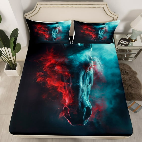 Gothic Horse Fitted Sheet Exotic Wildlife Sheets,Goth Western Animals Twin Bed Sheets,Cowboys Farm Animals Bedding Set,Farmhouse Decor,(No Top Sheet)