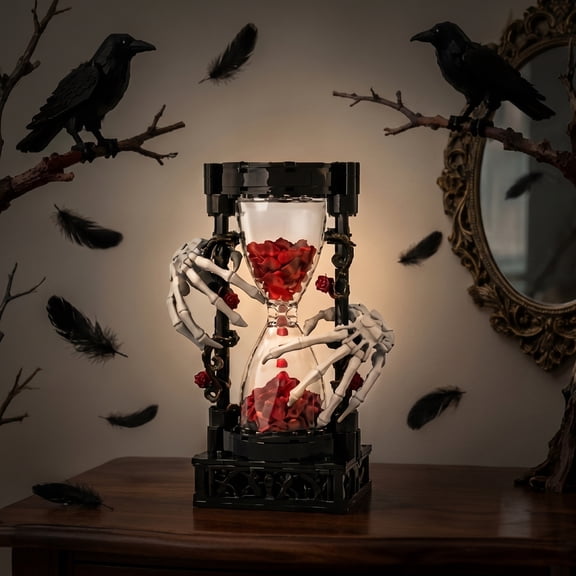 Gothic Hourglass Building Block Set, 205Pcs Skeleton Hand 3D Model, Romantic Macabre Timepiece Desktop Decor Kit