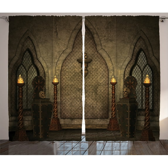 Ambesonne Gothic Curtains 2 Panel Set, Fantasy Spooky Skull, 108" x 90", Brown
