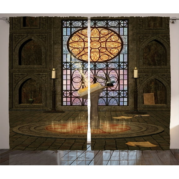 Ambesonne Gothic Curtains 2 Panel Set, Pentagram Magic Candles, 108" x 90", Olive Green Mustard