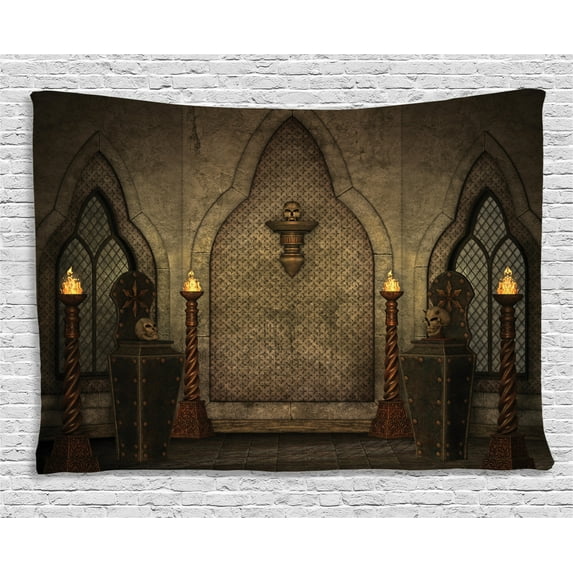 Gothic House Decor Tapestry, Fantasy Scene with Old Wooden Torch and Skull Candlestick in Dark Spooky Room, Wall Hanging for Bedroom Living Room Dorm Decor, 60W X 40L Inches, Brown, by Ambesonne