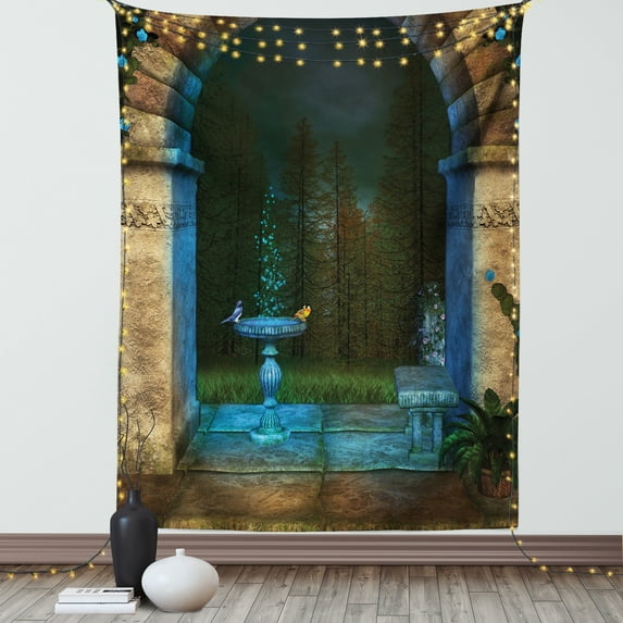 Gothic House Decor Tapestry, Forest Landscape from Ancient Archway Birds on Fountain Fairy Image, Wall Hanging for Bedroom Living Room Dorm Decor, 40W X 60L Inches, Blue Grey Green, by Ambesonne