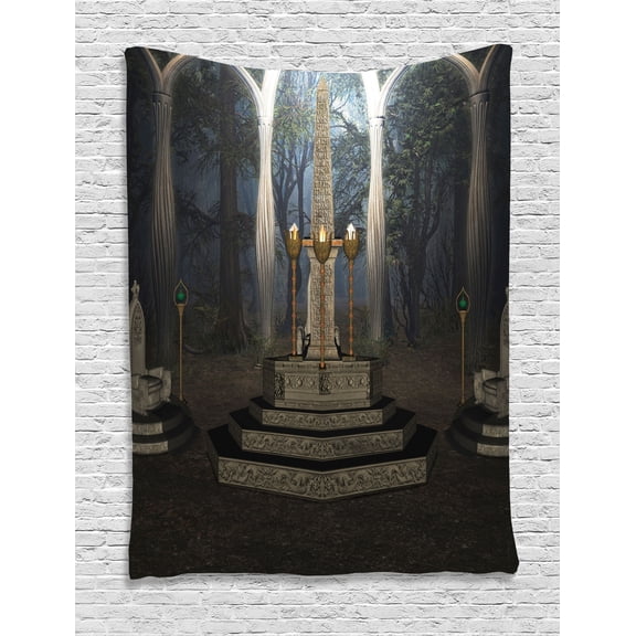 Gothic House Decor Tapestry, Ritual Scenery in Secret Forest Obelisk Between Marble with Skull Engraving, Wall Hanging for Bedroom Living Room Dorm Decor, 40W X 60L Inches, Grey, by Ambesonne
