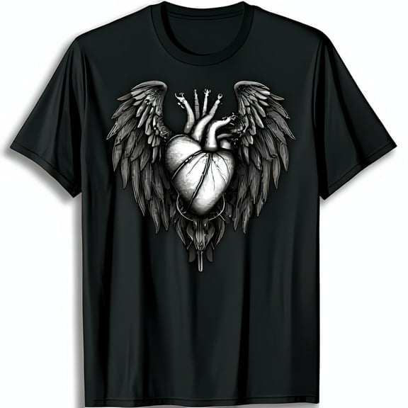 Gothic Human Heart with Wings Graphic Black T-Shirt Intricate Silver Print
