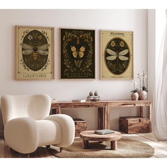 Gothic Insect Print Bee Moth Dragonfly Wall Art Set 3 Unframed Paper Print 20x30