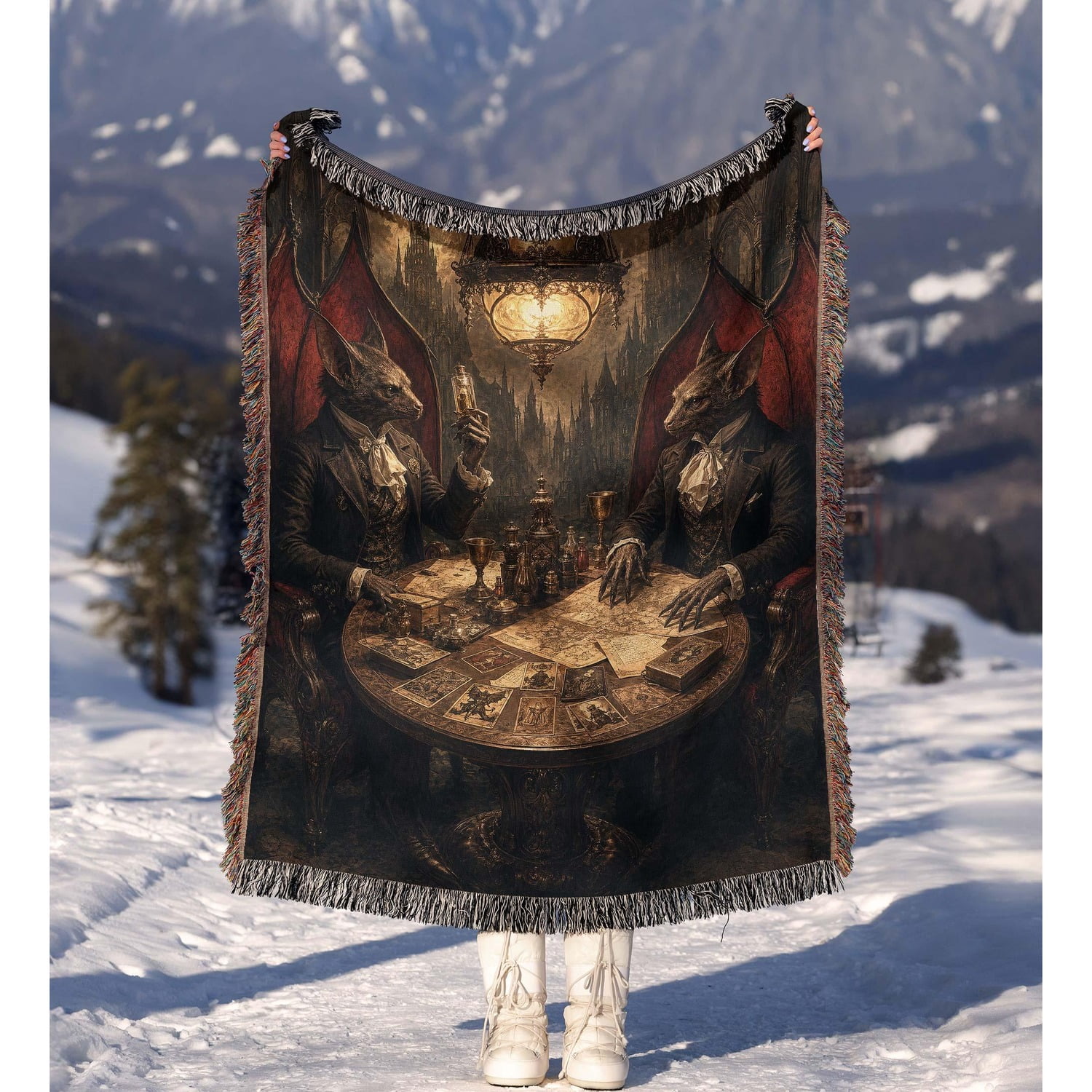 Deep Throw Toy Gothic Jackal Card Table in Dark Brown and Deep Red Woven Throw Blanket ...