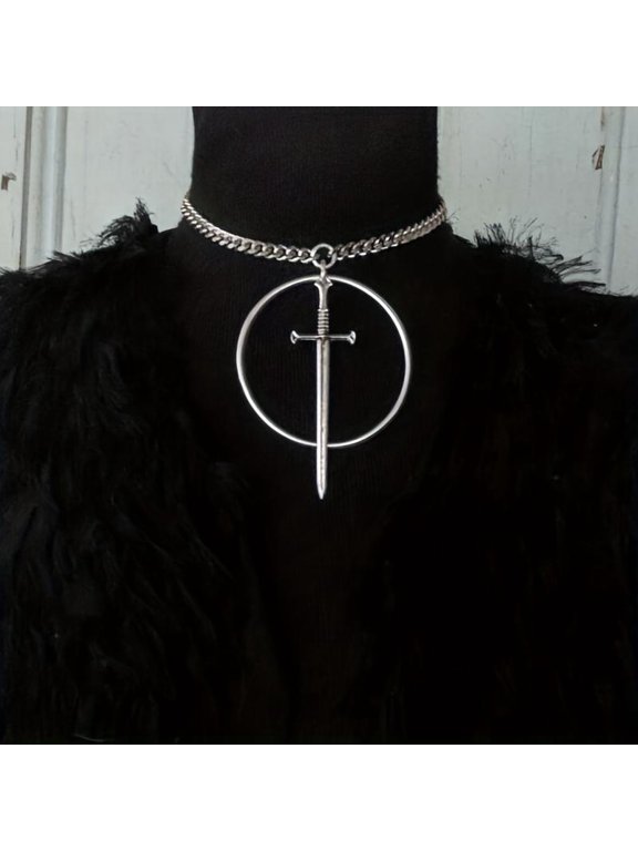 Gothic Jewelry Vintage Weapon Long Sword Pendant Necklace With Circle Pendant, Women's Jewelry Gift