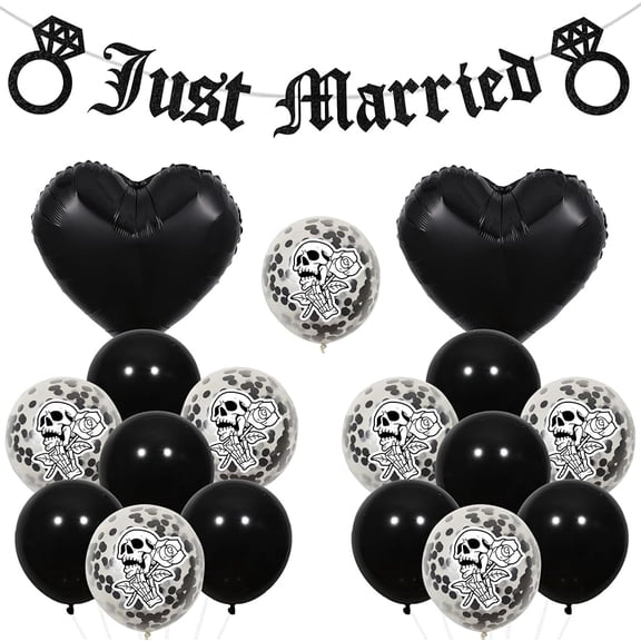 Gothic Just Married Wedding Party Decorations Black, Just Married Banner, Gothic Skull Diamond Ring, Heart Foil Balloons, Black Gothic Engagement Hen Party Bridal Shower Party Supplies