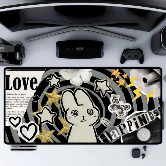 Gothic Kawaii Bunny Desk Mat, Gold Stars and Collage Vibes Horror Mouse Pad, Keyboard Mat, Gothic Kawaii Gamers Cat Desk Mat For Office, Gift For Gamer