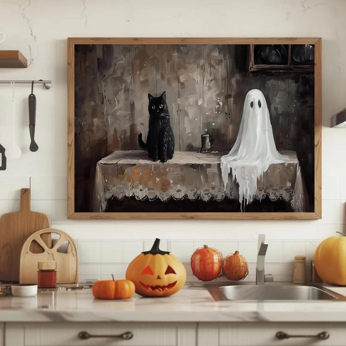Gothic Kitchen Art Ghost, Black Cat Spooky Home Decor, 16x24 UNFRAMED ...