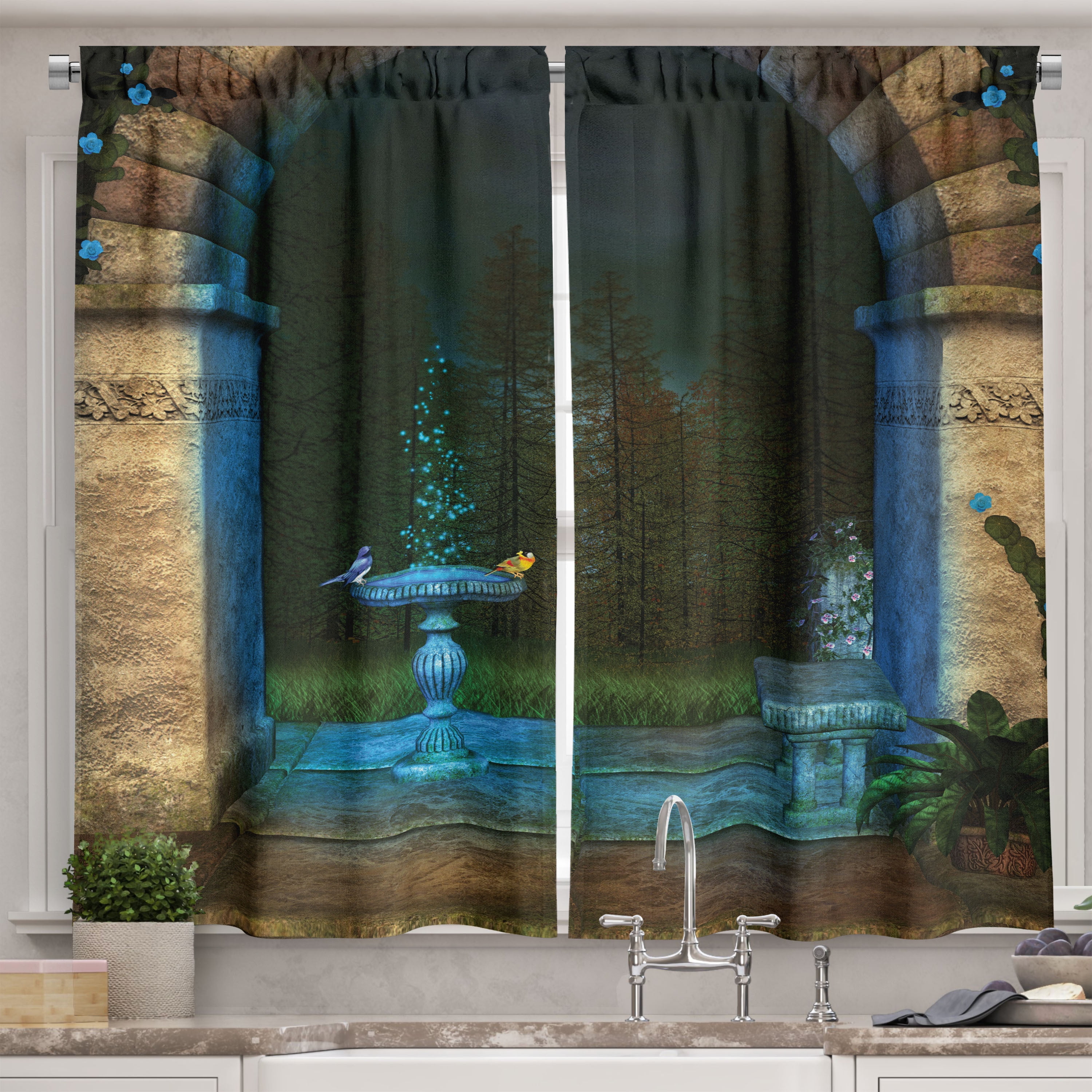 Gothic Kitchen Curtains, Forest Landscape from Archway Birds on ...
