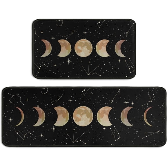 Gothic Kitchen Floor Mat Set of 2, Moon Rug with Rubber Backing, Non-Slip Washable Goth Rug for Kitchen Sink, Laundry Room, Gothic Kitchen Decor, Black Kitchen Mat 17x30 +17+47Inch