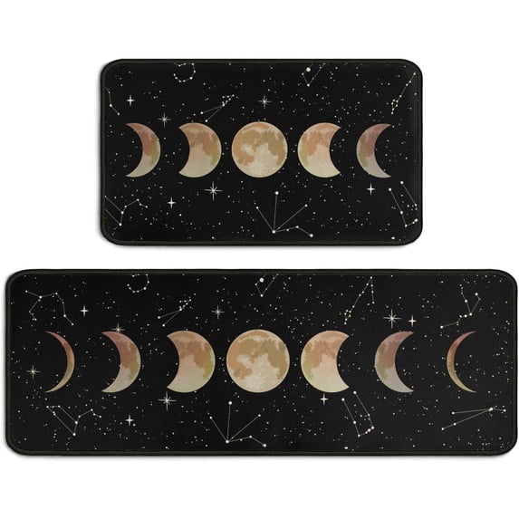 Gothic Kitchen Floor Mat Set of 2, Moon Rug with Rubber Backing, Non-Slip Washable Goth Rug for Kitchen Sink, Laundry Room, Gothic Kitchen Decor, Black Kitchen Mat 17x30 +17+47Inch