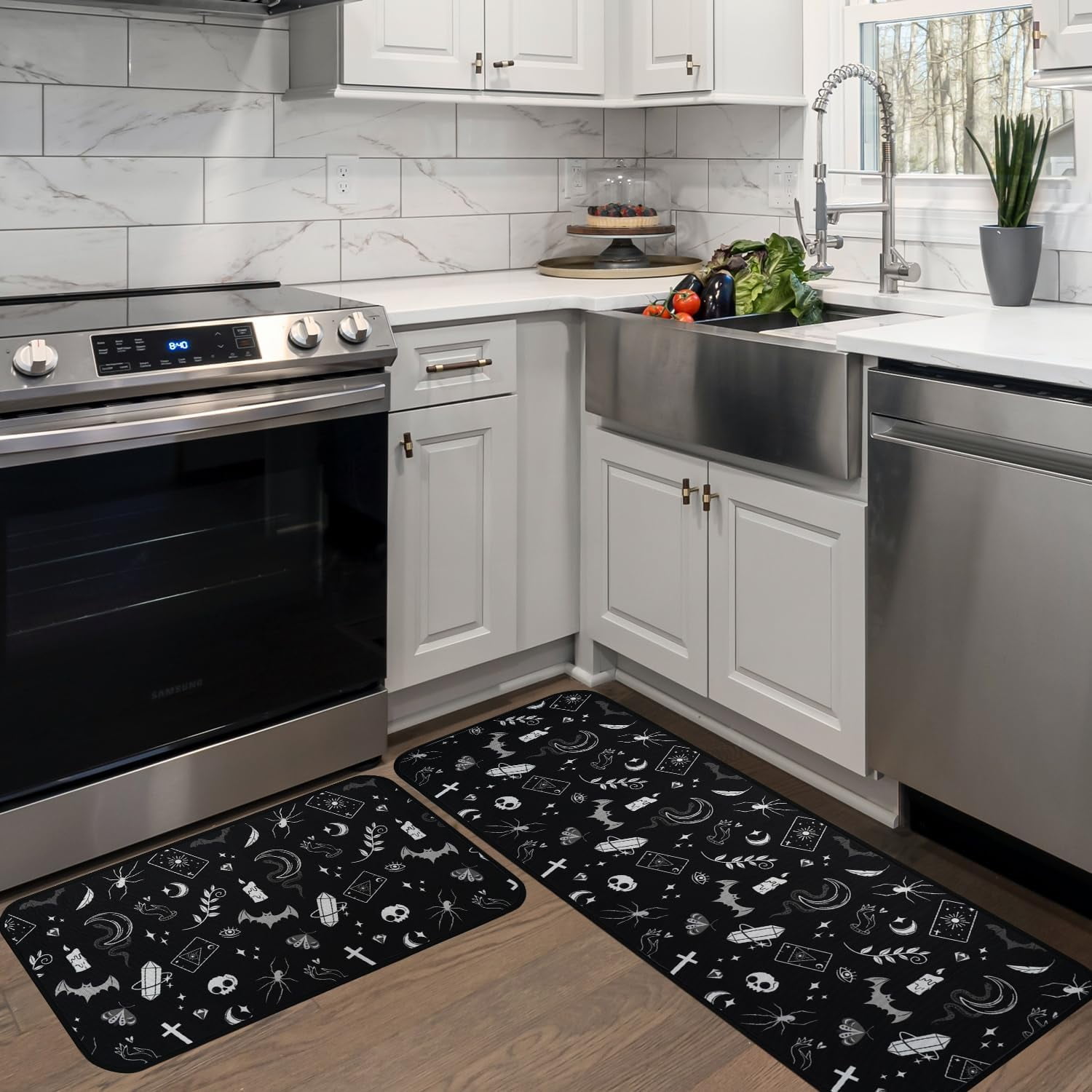 Gothic Kitchen Mats for Floor, Black and White Goth Kitchen Rugs Set of ...